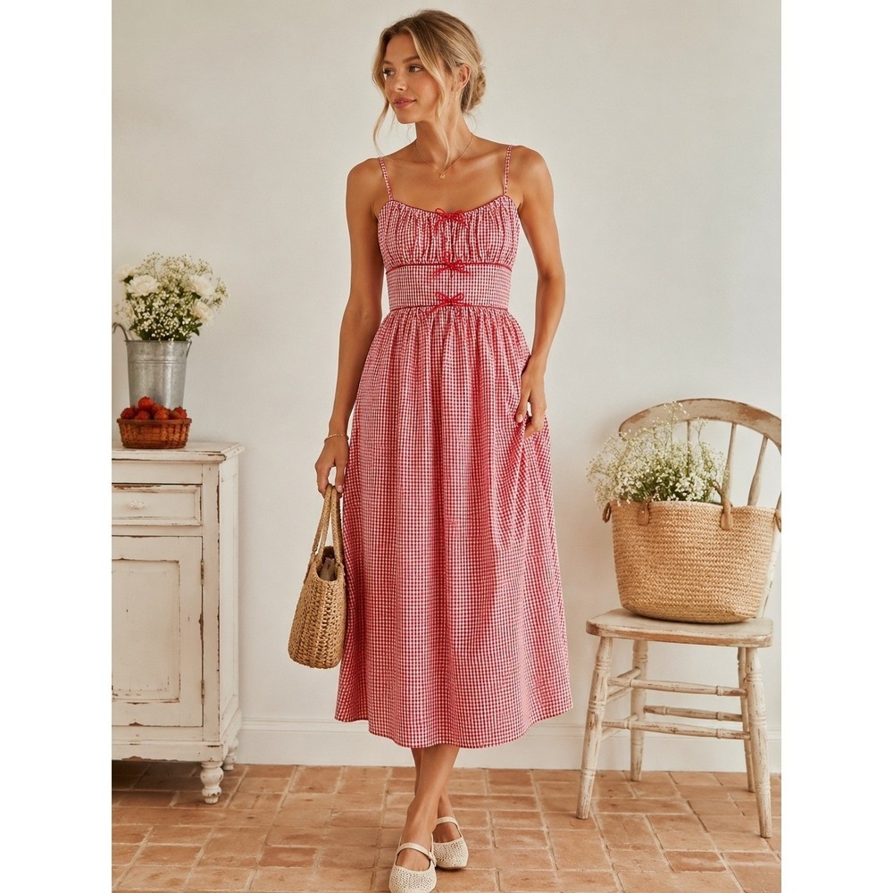 Red Gingham Midi Dress Cottagecore Bow Detail Smocked Back Picnic Summer Dress